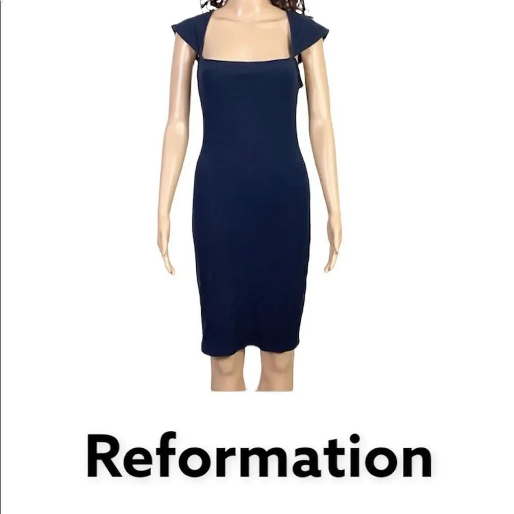 Reformation Navy Blue Ribbed Square Neck Knit Cap Sleeve Mini Shirt Dress M